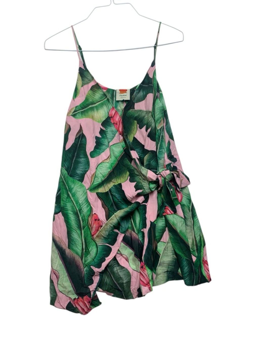 FARM Rio size small pink palms Green Tropical Leaf V-Neck Dress wrap mini tie - Picture 2 of 11